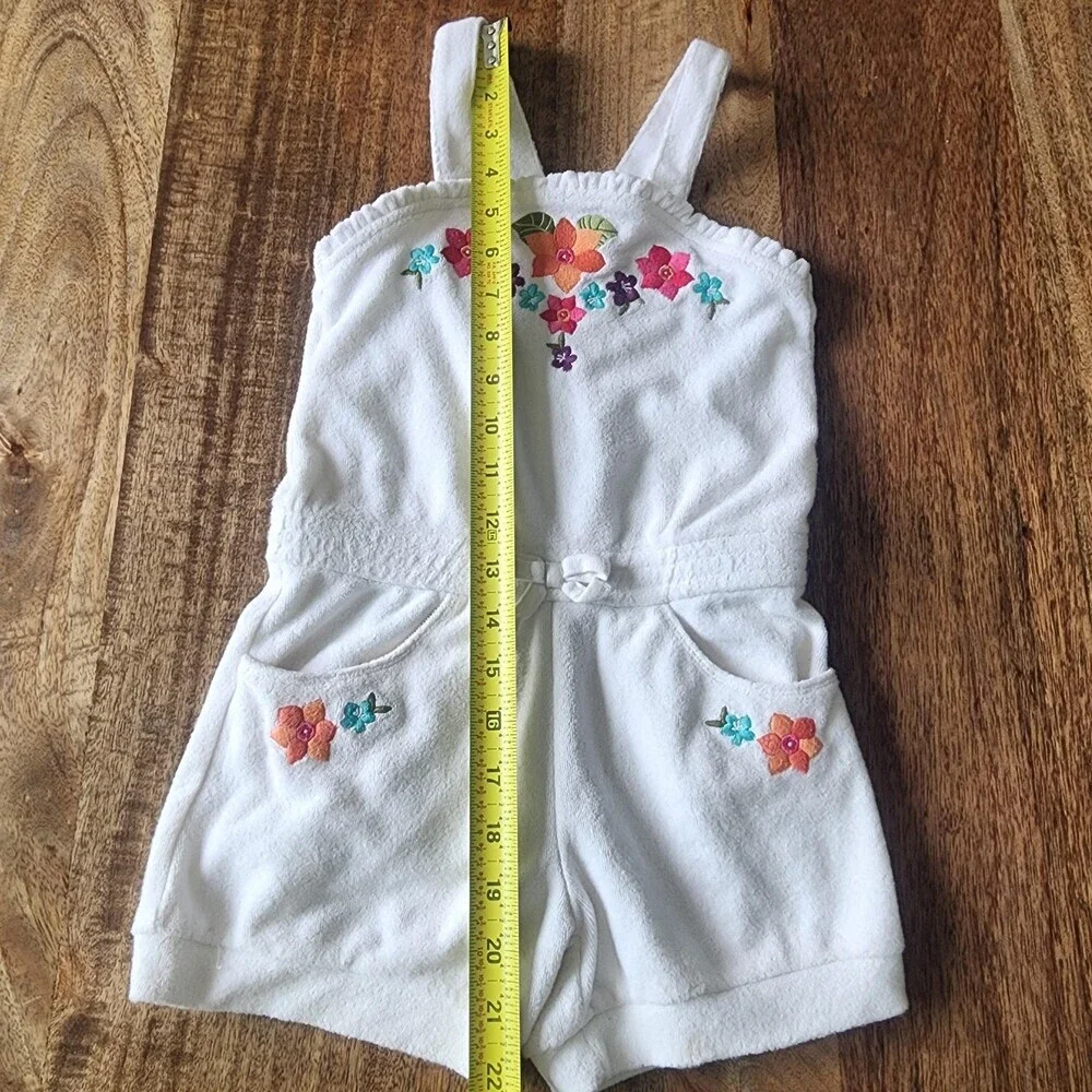 Gymboree Romper Girls 6 White Terry Floral Embroidered Pockets Summer Outfit